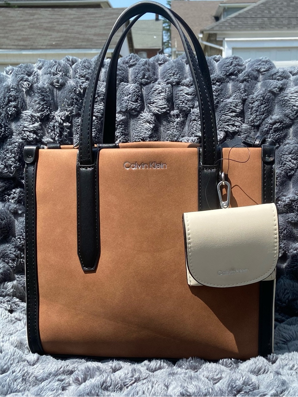 Calvin Klein Colorblock Satchel Tote Bag Brown Black Cream Crossbody Pouch